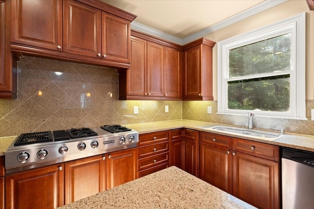 10565 Highgate Manor Ct, Duluth, GA 30097 - kitchen featuring stainless steel appliances, light stone counters, decorative backsplash, crown molding, and brown cabinets