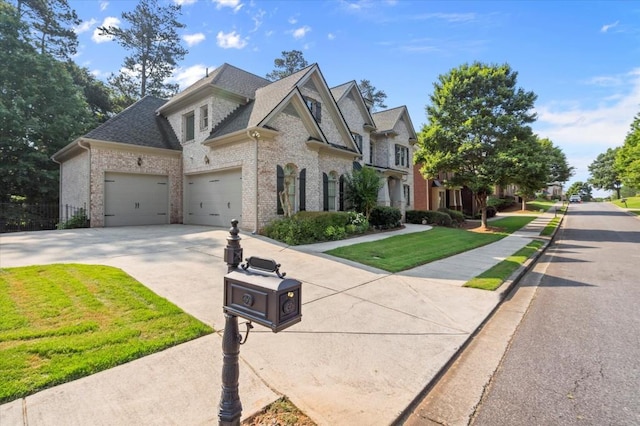 10565 Highgate Manor Ct, Duluth, GA 30097 - french country style house with brick siding, driveway, a front yard, an attached garage, and roof with shingles