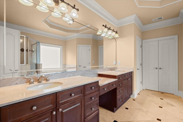 10565 Highgate Manor Ct, Duluth, GA 30097 - full bath featuring double vanity, a stall shower, crown molding, and tile patterned floors
