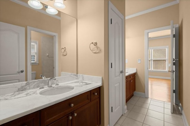 10565 Highgate Manor Ct, Duluth, GA 30097 - bathroom featuring vanity, crown molding, tile patterned floors, healthy amount of natural light, and a shower