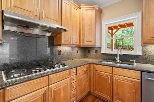 10565 Highgate Manor Ct, Duluth, GA 30097 - kitchen with under cabinet range hood, stainless steel appliances, decorative backsplash, crown molding, and dark stone countertops