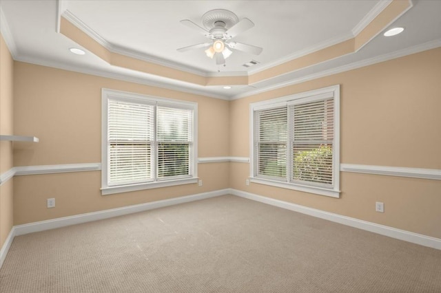 10565 Highgate Manor Ct, Duluth, GA 30097 - carpeted empty room featuring a tray ceiling, crown molding, ceiling fan, and recessed lighting