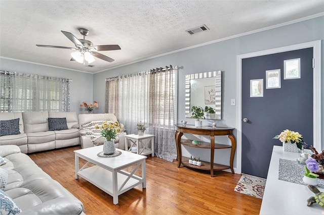141 Parr Wade Rd SE, Cartersville, GA 30120 - living area featuring ceiling fan, wood finished floors, ornamental molding, and a textured ceiling