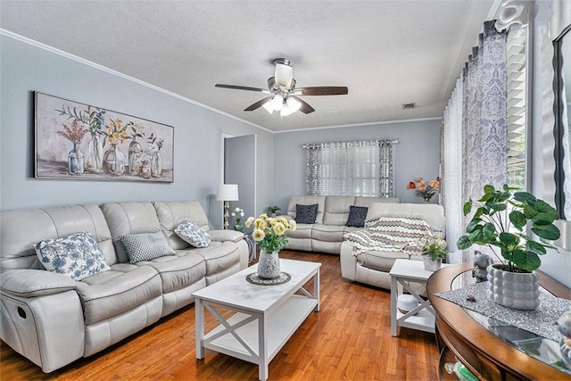 141 Parr Wade Rd SE, Cartersville, GA 30120 - living room featuring crown molding, a ceiling fan, wood finished floors, and a textured ceiling
