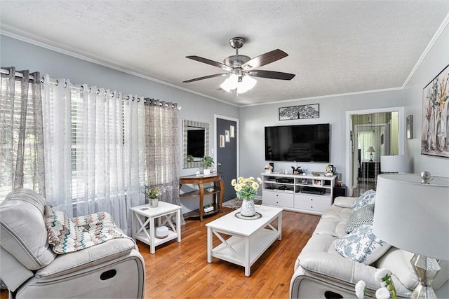 141 Parr Wade Rd SE, Cartersville, GA 30120 - living room with a textured ceiling, wood finished floors, ornamental molding, and a ceiling fan