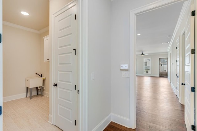 hall featuring light wood-type flooring and crown molding