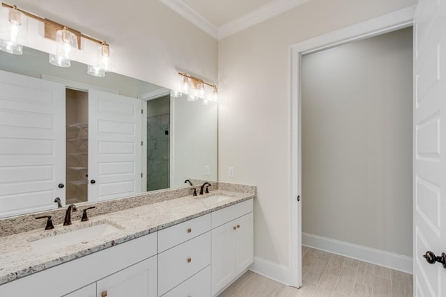 929 Hilltop Park Ct, Dacula, GA 30019 - bathroom featuring double vanity, crown molding, baseboards, and a tile shower