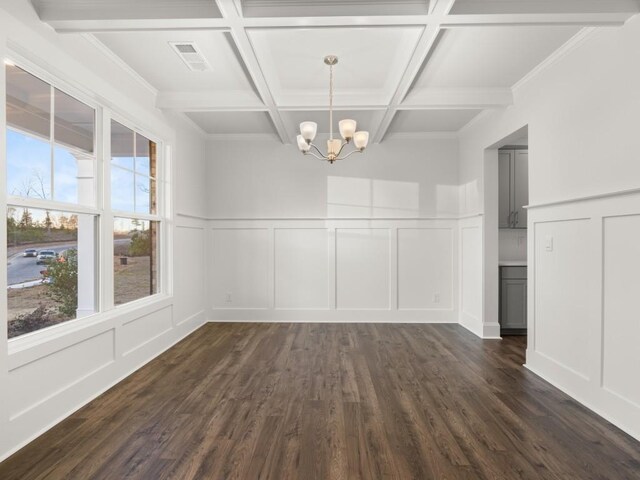 unfurnished dining area with beamed ceiling, a healthy amount of sunlight, a chandelier, and coffered ceiling