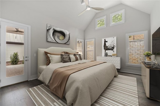 bedroom with access to exterior, baseboards, ceiling fan, dark wood finished floors, and high vaulted ceiling