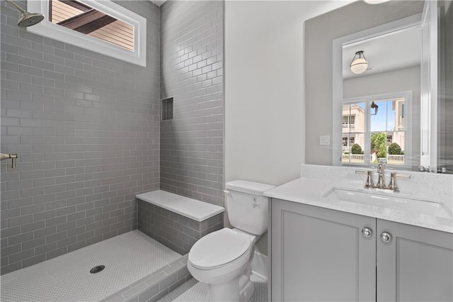 full bathroom with vanity, toilet, and a tile shower