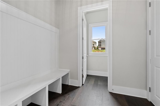 mudroom featuring baseboards and dark wood-style flooring