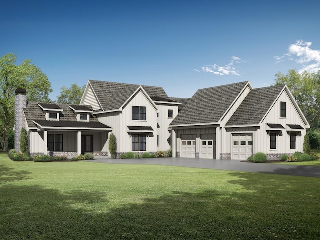 modern farmhouse featuring a standing seam roof, driveway, a front lawn, and board and batten siding