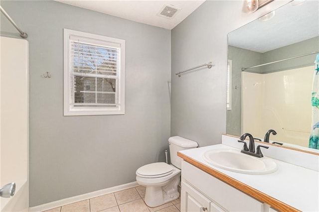 full bath featuring visible vents, toilet, curtained shower, and tile patterned floors
