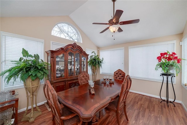 dining space with lofted ceiling, dark hardwood / wood-style floors, and ceiling fan