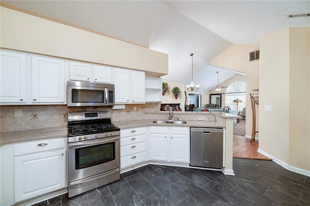 kitchen featuring sink, white cabinetry, kitchen peninsula, pendant lighting, and stainless steel appliances