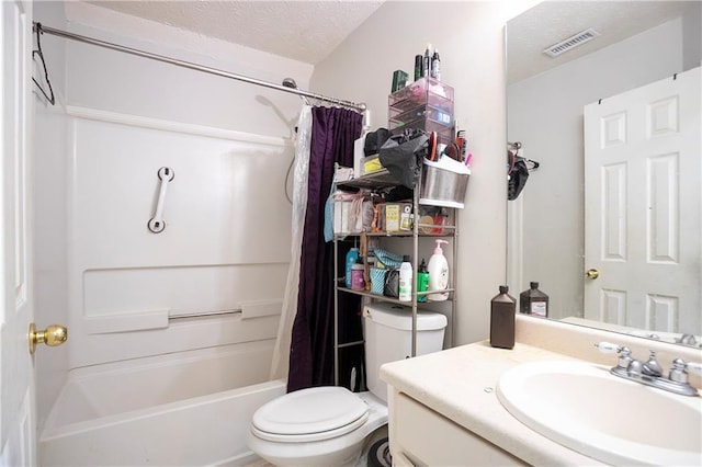 bathroom with a textured ceiling, visible vents, shower / bath combo, vanity, and toilet