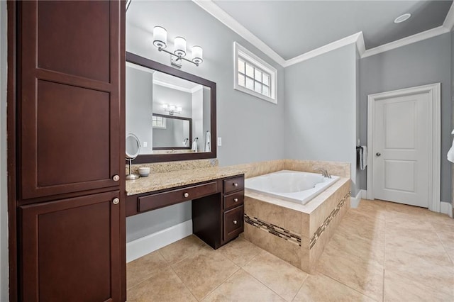 bathroom with tile patterned flooring, ornamental molding, a relaxing tiled tub, and vanity