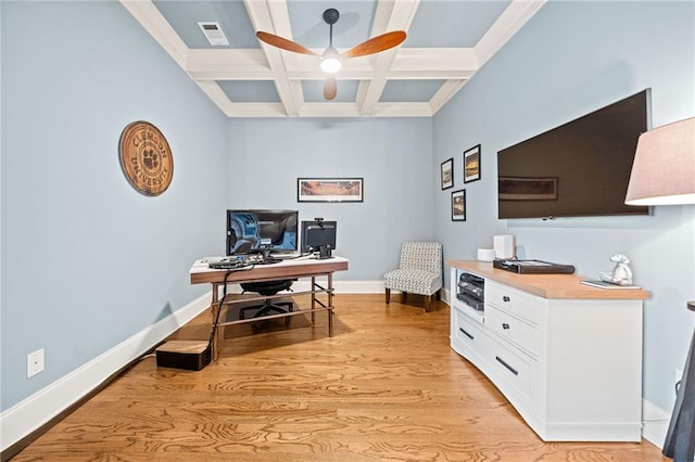 office featuring beamed ceiling, coffered ceiling, ceiling fan, and light wood-type flooring