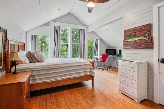 2121 Jep Wheeler Rd, Woodstock, GA 30188 - bedroom with vaulted ceiling, light wood-type flooring, wooden walls, an office area, and ceiling fan