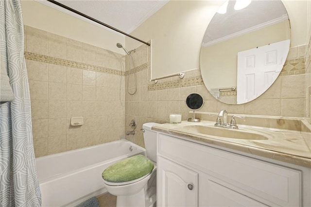 full bath with toilet, tile walls, ornamental molding, and shower / tub combo