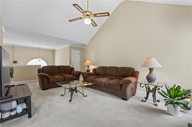 185 Fox Run, Loganville, GA 30052 - carpeted living area featuring a ceiling fan and high vaulted ceiling