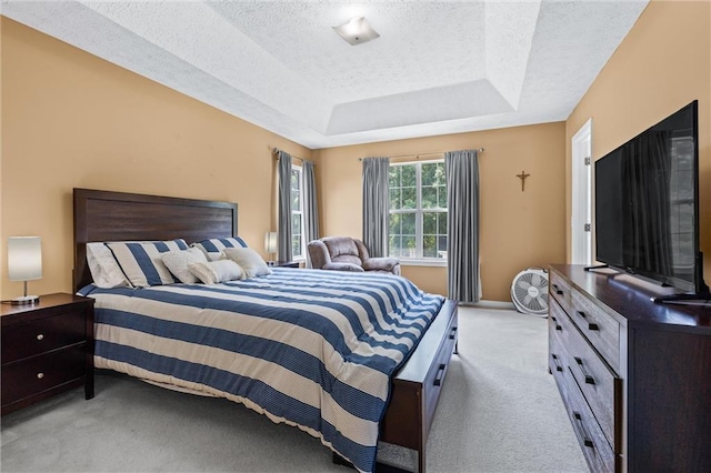 185 Fox Run, Loganville, GA 30052 - bedroom with light colored carpet, a raised ceiling, and a textured ceiling