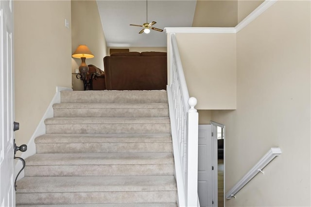 185 Fox Run, Loganville, GA 30052 - staircase featuring a ceiling fan