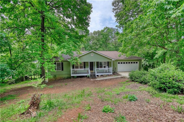1638 River Trce, Auburn, GA 30011 - ranch-style home with covered porch, a garage, dirt driveway, and a chimney