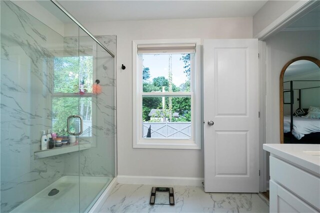 bathroom featuring vanity and walk in shower