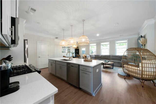 kitchen with dark hardwood / wood-style flooring, appliances with stainless steel finishes, an island with sink, sink, and gray cabinets