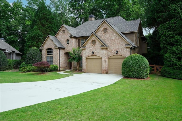 7185 Hartsfield Pl, Suwanee, GA 30024 - view of front of house featuring concrete driveway, a chimney, brick siding, and a front yard