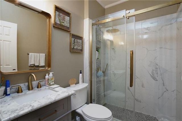 7185 Hartsfield Pl, Suwanee, GA 30024 - full bath with toilet, vanity, a marble finish shower, and crown molding