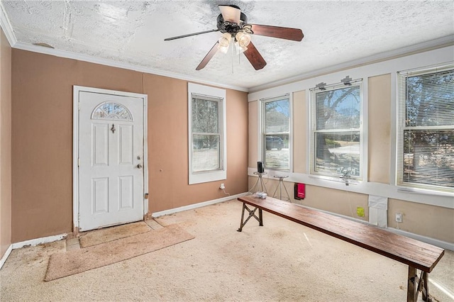 carpeted entrance foyer featuring a textured ceiling, ornamental molding, a ceiling fan, and baseboards