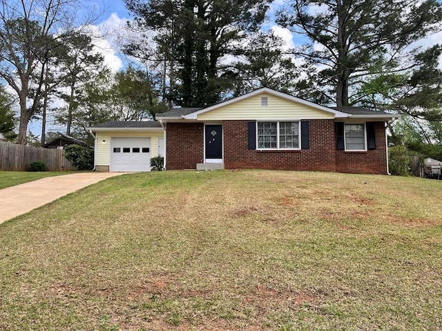 ranch-style home featuring driveway, a garage, brick siding, fence, and a front lawn