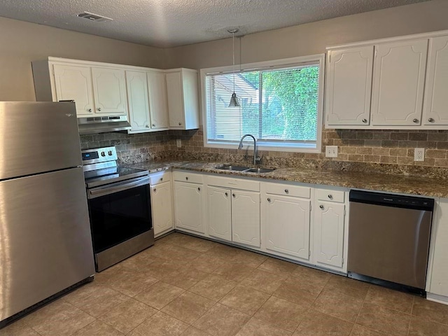 kitchen with a sink, appliances with stainless steel finishes, white cabinets, and under cabinet range hood