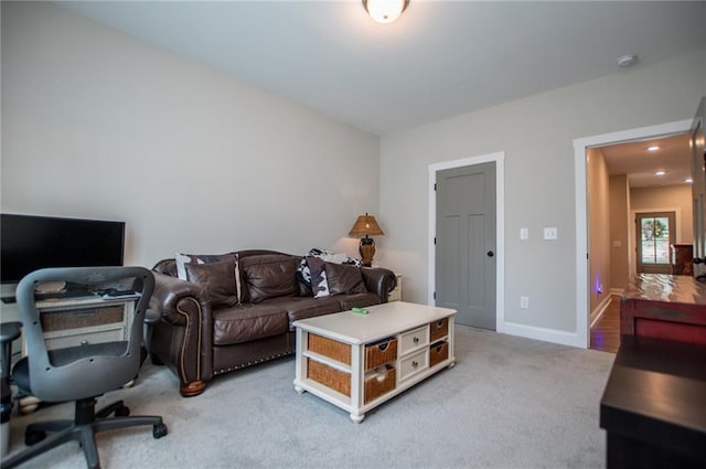 living room with light colored carpet