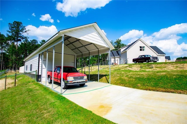 view of car parking featuring a yard and a carport