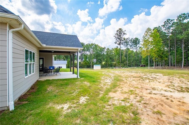 view of yard with a storage shed and a patio