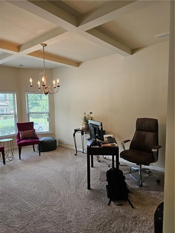 1750 Stone Meadow Rd, Lithonia, GA 30058 - living area with beamed ceiling, a chandelier, carpet flooring, and coffered ceiling