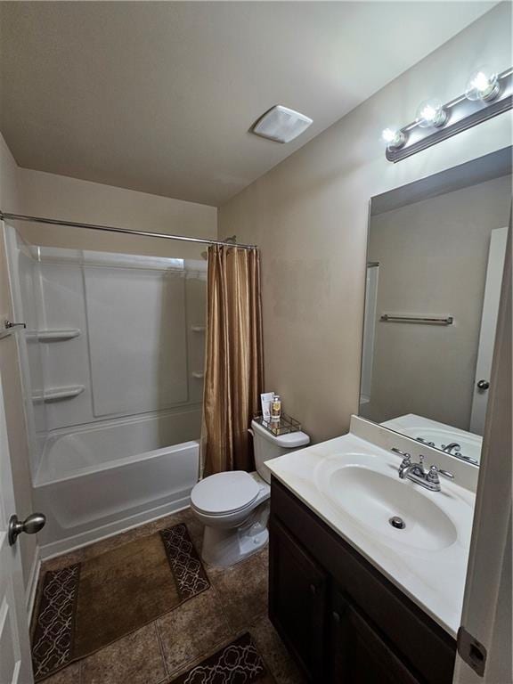 full bath featuring shower / tub combo with curtain, toilet, and vanity