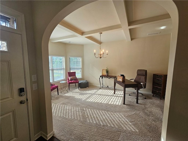 office area with coffered ceiling, carpet flooring, beamed ceiling, baseboards, and arched walkways