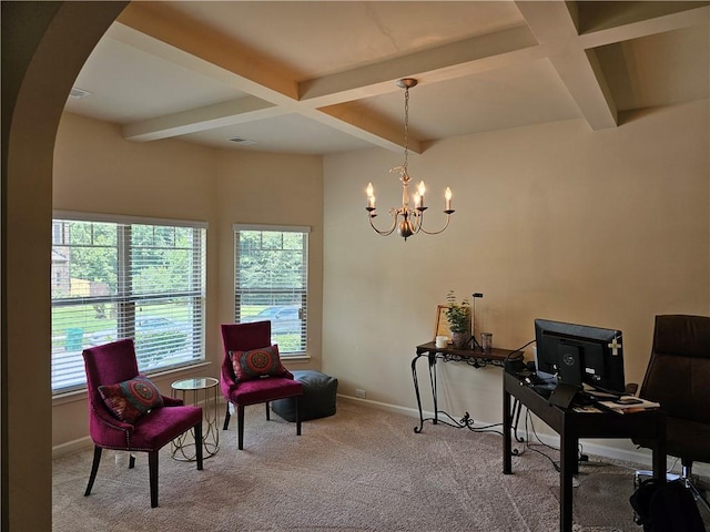 1750 Stone Meadow Rd, Lithonia, GA 30058 - home office featuring beam ceiling, arched walkways, coffered ceiling, carpet flooring, and a chandelier