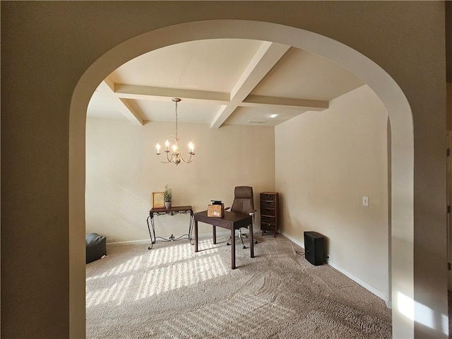 living area with coffered ceiling, carpet floors, beamed ceiling, arched walkways, and baseboards