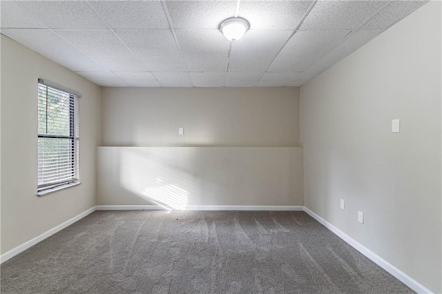 spare room with baseboards, a drop ceiling, and carpet flooring