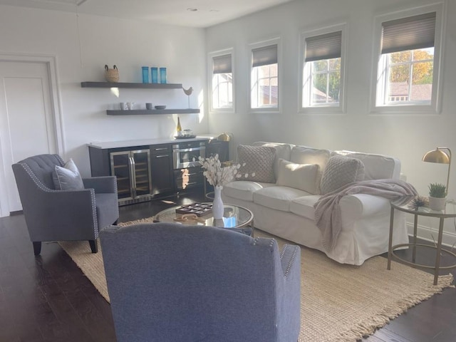 living room with dark wood-type flooring and indoor bar