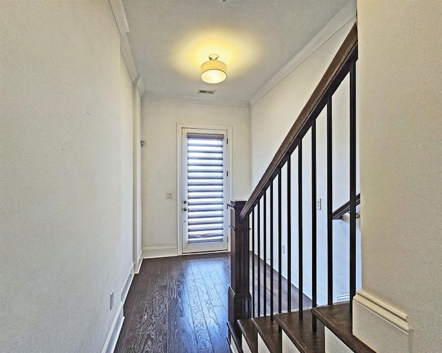 entrance foyer with crown molding and dark hardwood / wood-style floors