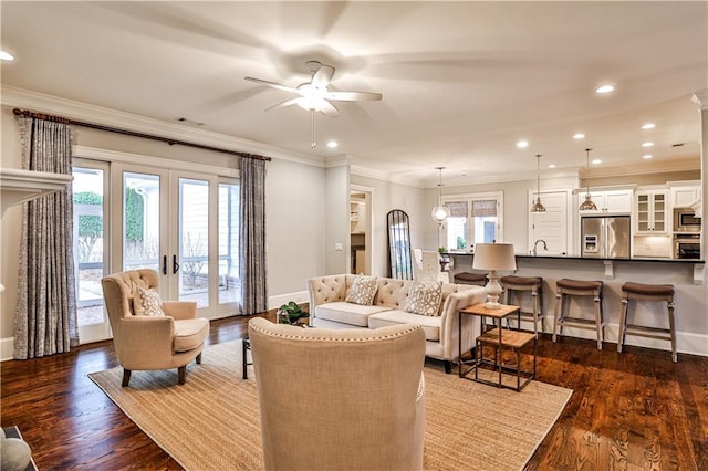 living room featuring dark wood finished floors, a healthy amount of sunlight, and french doors