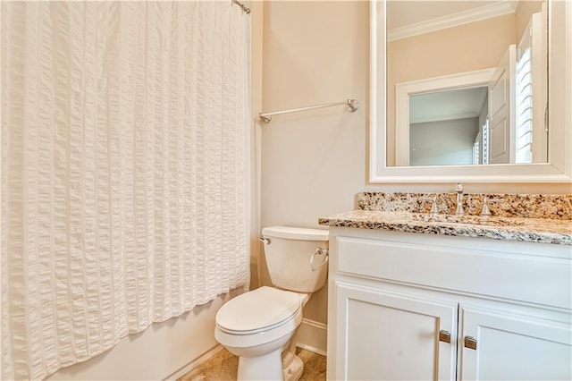 bathroom featuring vanity, baseboards, ornamental molding, shower / bath combination with curtain, and toilet