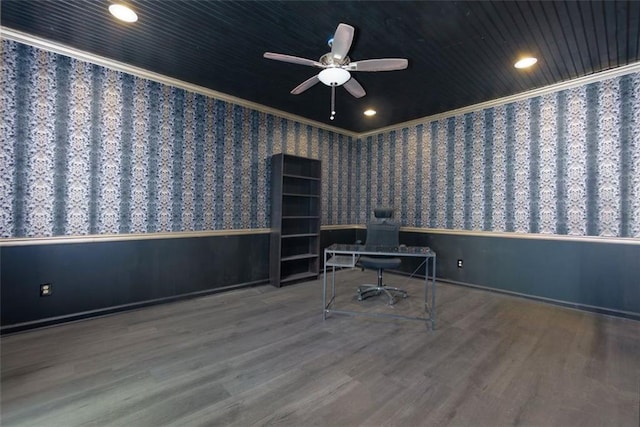office space with a ceiling fan, wood finished floors, recessed lighting, and ornamental molding
