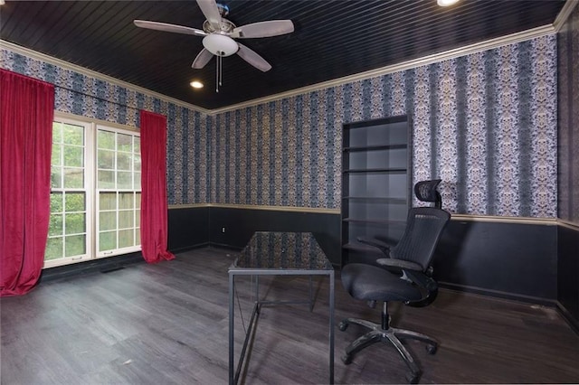 office with wallpapered walls, wood finished floors, a wainscoted wall, and a ceiling fan
